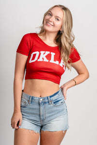 OU OU OKLA micro babydoll tee crimson top | Lush Fashion Lounge Trendy Oklahoma University Sooners Apparel & Cute Gameday T-Shirts