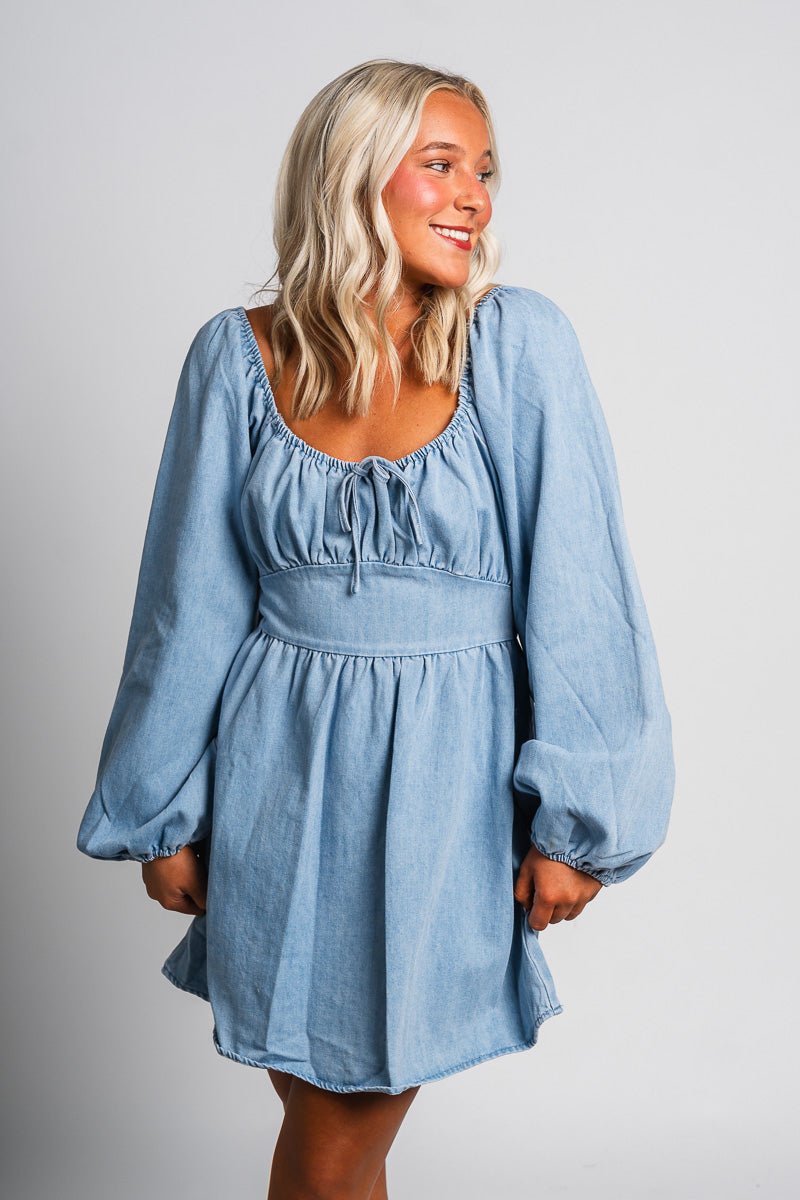 Puff sleeve denim dress light denim - Affordable dress - Boutique Dresses at Lush Fashion Lounge Boutique in Oklahoma City