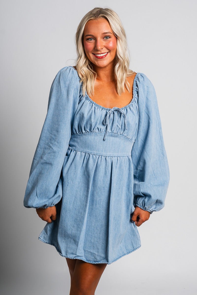 Puff sleeve denim dress light denim - Cute dress - Trendy Dresses at Lush Fashion Lounge Boutique in Oklahoma City