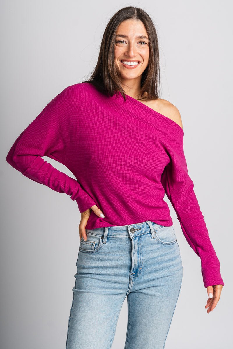 Waffle cowl neck top magenta