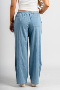 Low rise drawstring pants light denim | Lush Fashion Lounge: women's boutique pants, boutique women's pants, affordable boutique pants, women's fashion pants