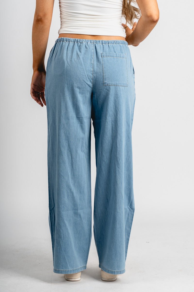 Low rise drawstring pants light denim | Lush Fashion Lounge: women's boutique pants, boutique women's pants, affordable boutique pants, women's fashion pants