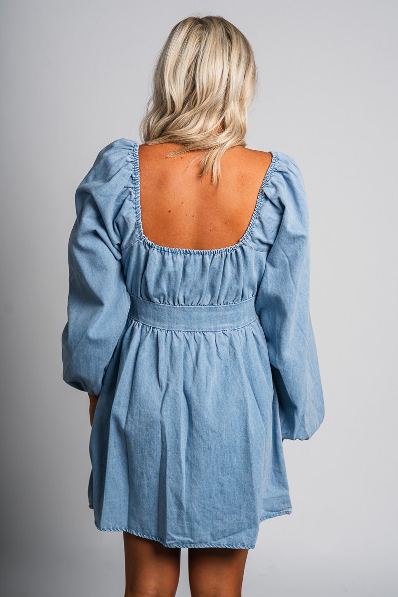 Puff sleeve denim dress light denim Stylish dress - Womens Fashion Dresses at Lush Fashion Lounge Boutique in Oklahoma City