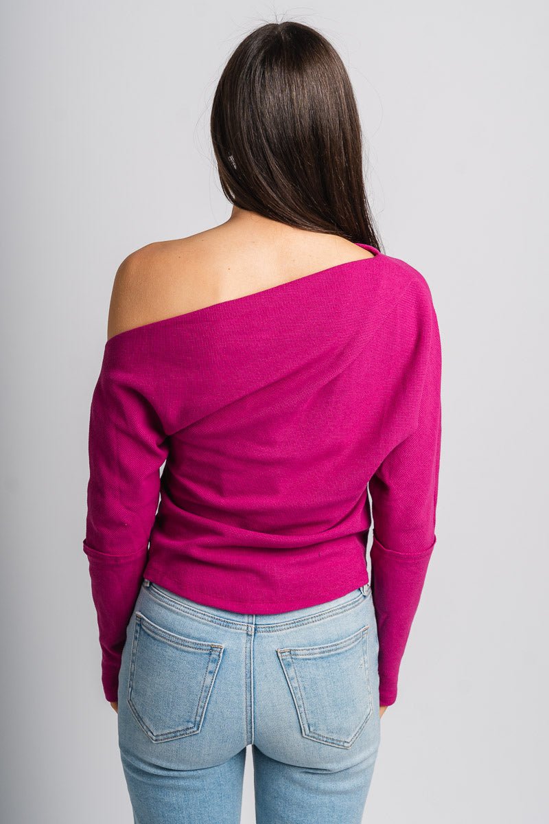 Waffle cowl neck top magenta