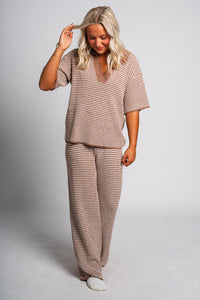 Striped short sleeve sweater mocha - Stylish top - Trendy Lounge Sets at Lush Fashion Lounge Boutique in Oklahoma City