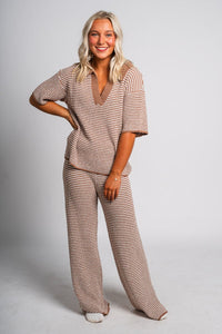 Striped wide leg pants mocha - Adorable pants - Stylish Comfortable Outfits at Lush Fashion Lounge Boutique in OKC