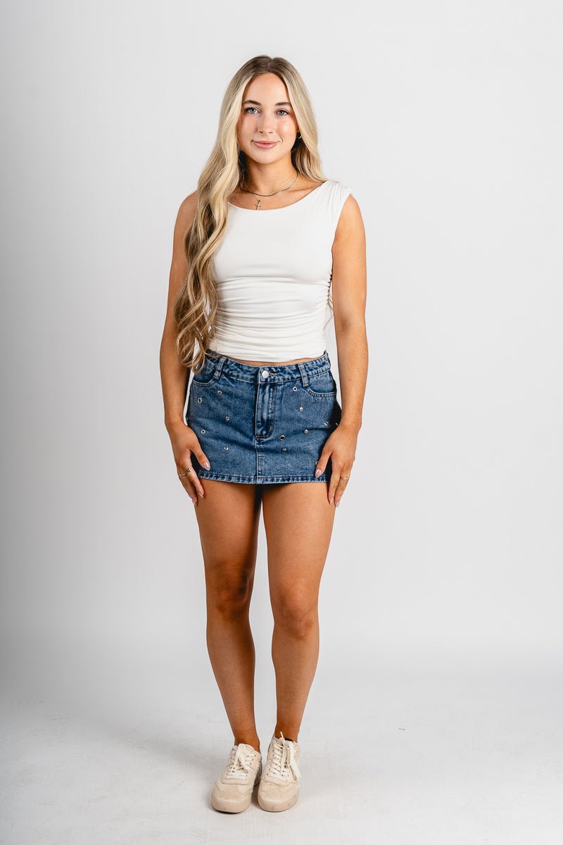 Low rise studded denim skort denim