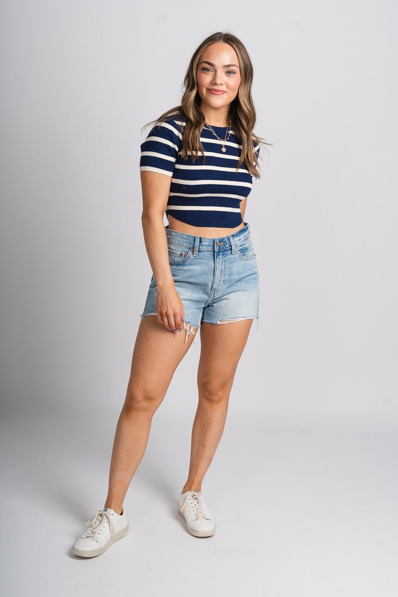 Striped crop top navy/cream - Stylish top - Trendy American Summer Fashion at Lush Fashion Lounge Boutique in Oklahoma