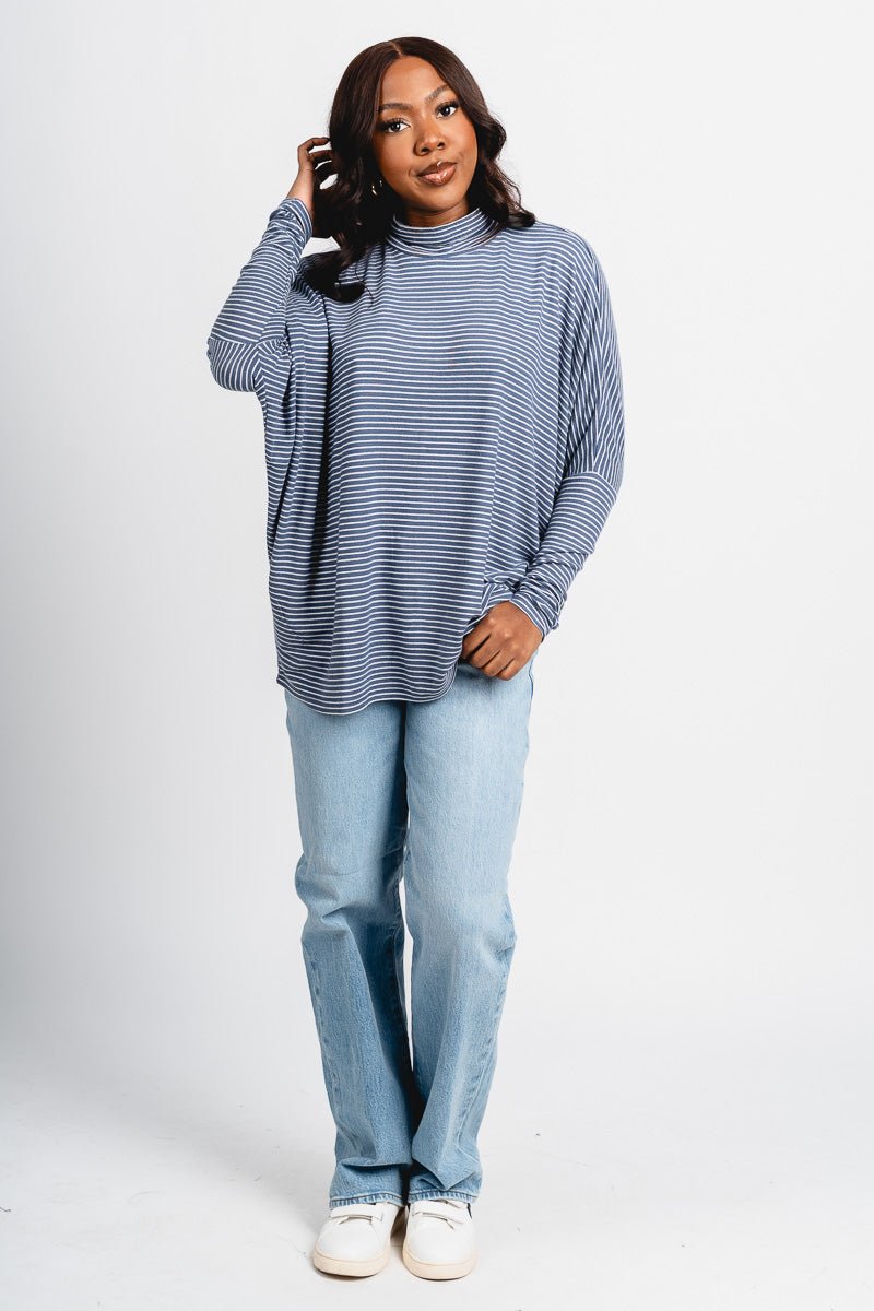 Oversized striped mock neck top navy/cream