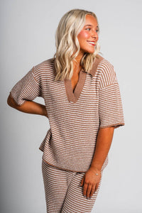 Striped short sleeve sweater mocha - Cute top - Fun Cozy Basics at Lush Fashion Lounge Boutique in Oklahoma City