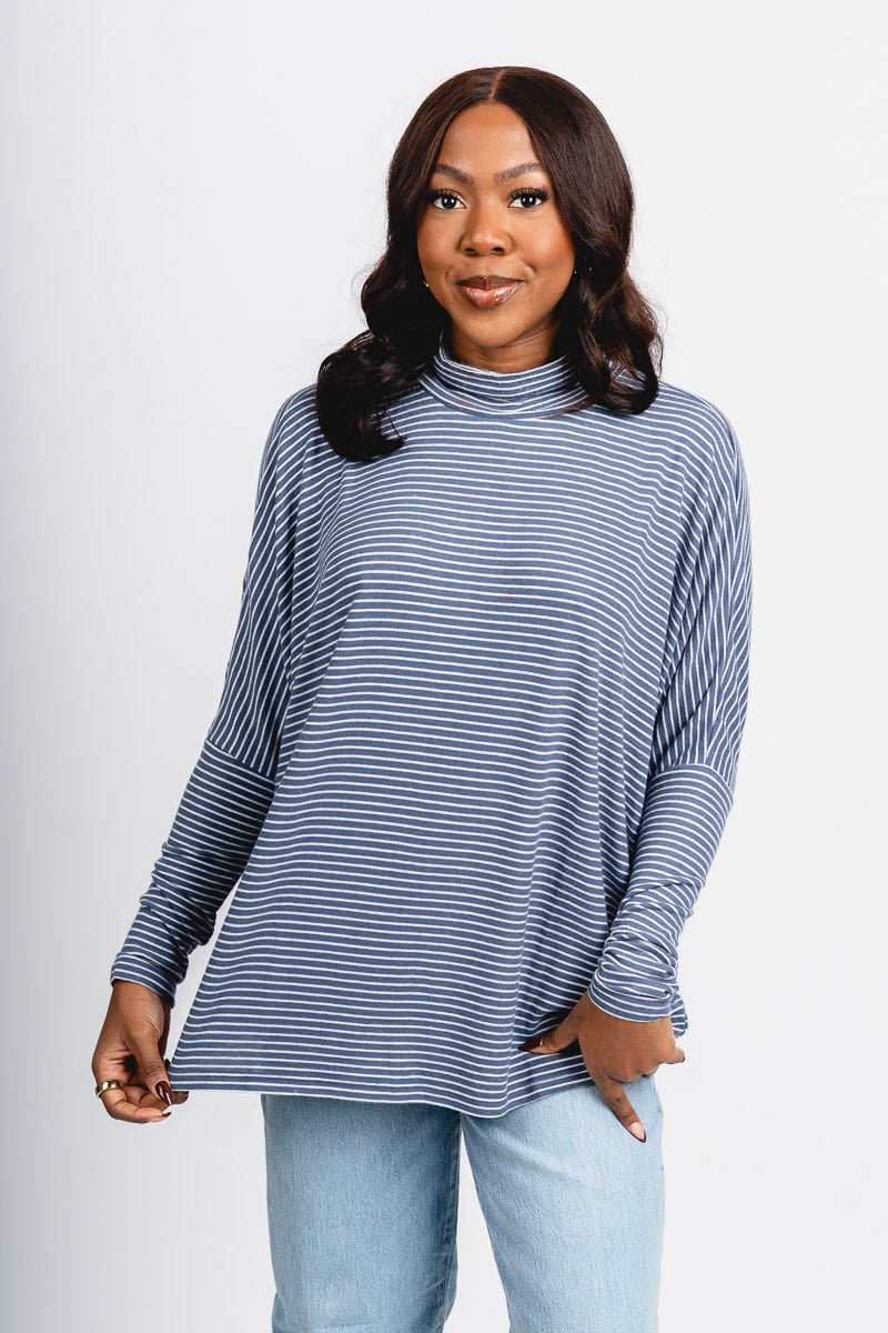 Oversized striped mock neck top navy/cream