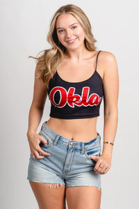 OU OU OKLA spaghetti strap crop tank top black top | Lush Fashion Lounge Trendy Oklahoma University Sooners Apparel & Cute Gameday T-Shirts