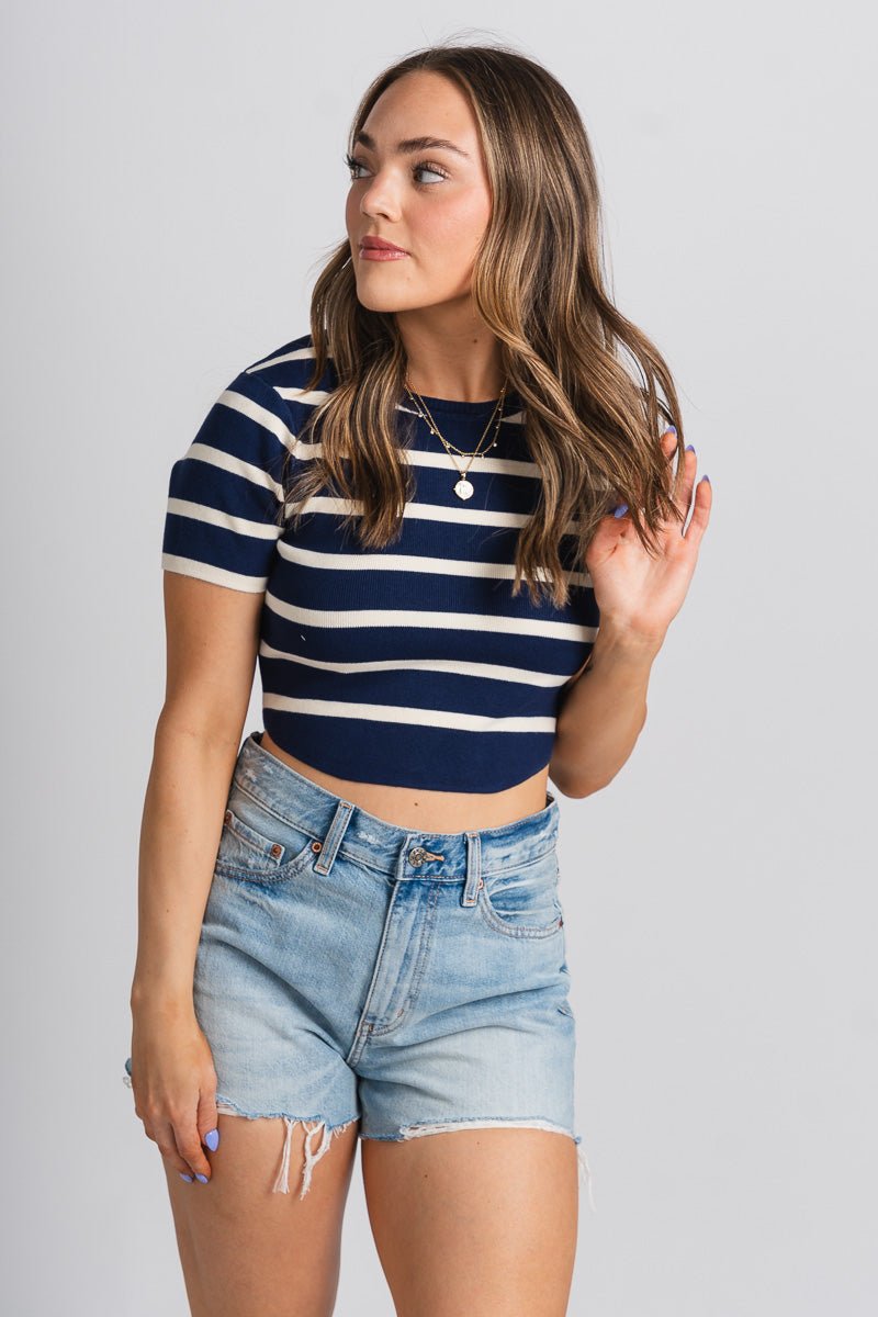 Striped crop top navy/cream - Cute top - Fun American Summer Outfits at Lush Fashion Lounge Boutique in Oklahoma City