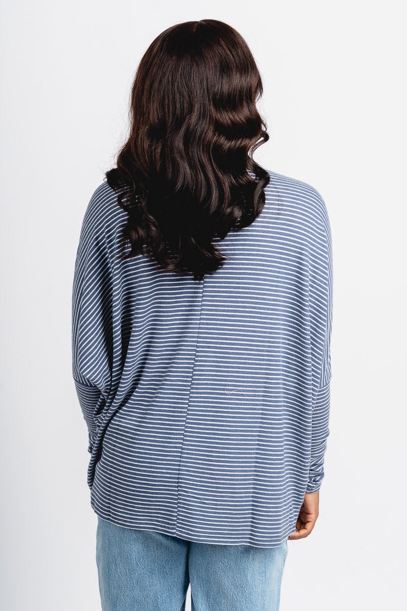 Oversized striped mock neck top navy/cream