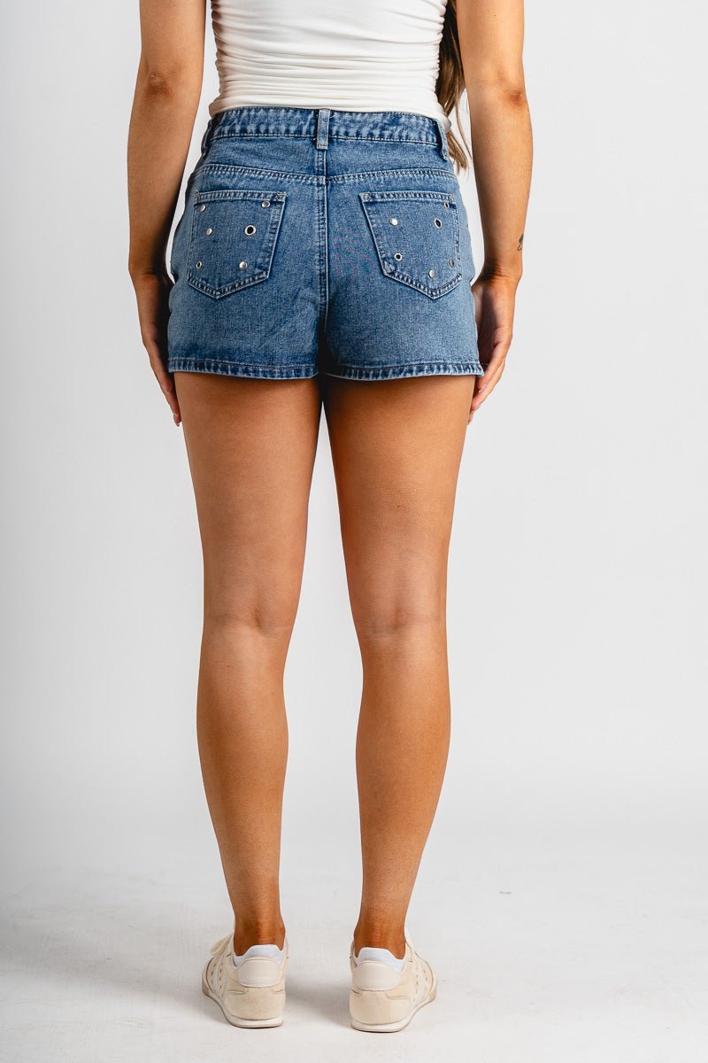 Low rise studded denim skort denim