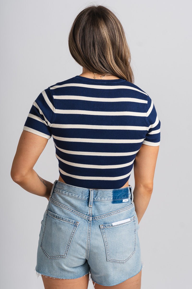 Striped crop top navy/cream - Adorable top - Stylish Patriotic Summer Graphic Tees at Lush Fashion Lounge Boutique in OKC