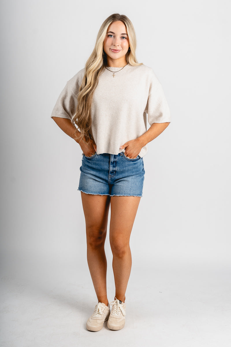 Short sleeve sweater cream – Unique Sweaters | Lounging Sweaters and Womens Fashion Sweaters at Lush Fashion Lounge Boutique in Oklahoma City