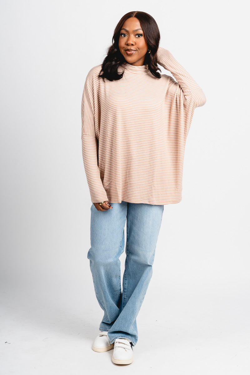 Oversized striped mock neck top taupe/cream