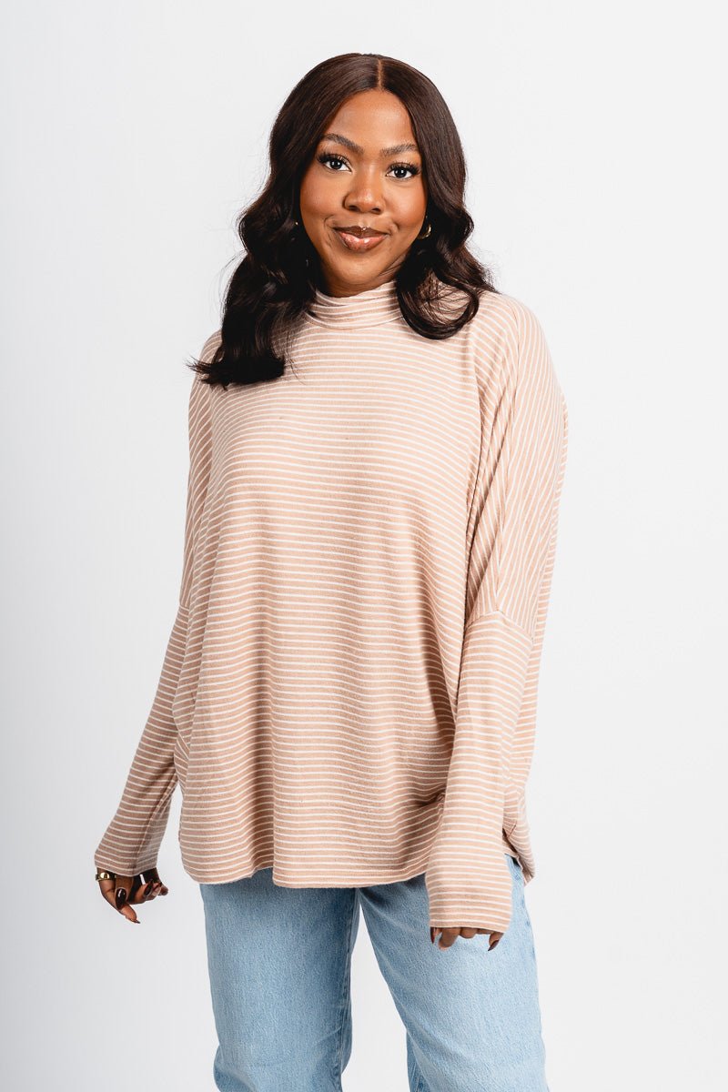 Oversized striped mock neck top taupe/cream