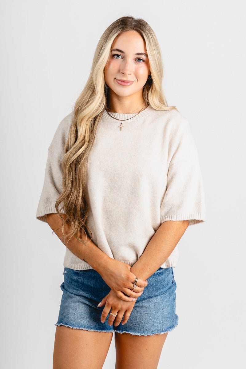 Short sleeve sweater cream – Boutique Sweaters | Fashionable Sweaters at Lush Fashion Lounge Boutique in Oklahoma City