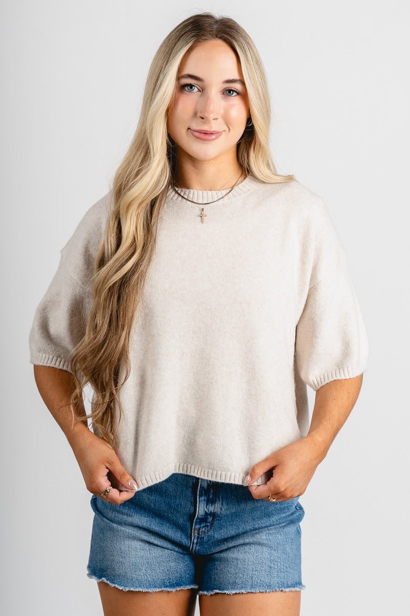 Short sleeve sweater cream – Stylish Sweaters | Boutique Sweaters at Lush Fashion Lounge Boutique in Oklahoma City