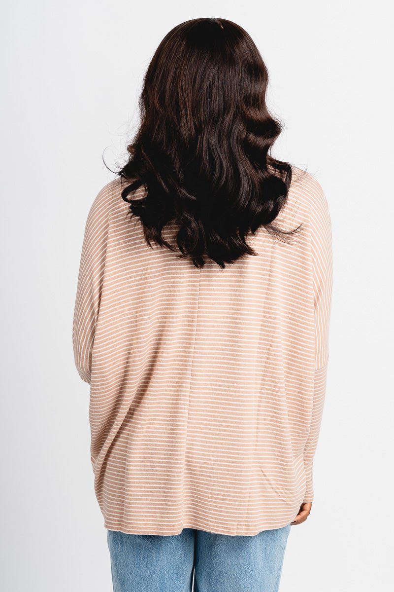Oversized striped mock neck top taupe/cream