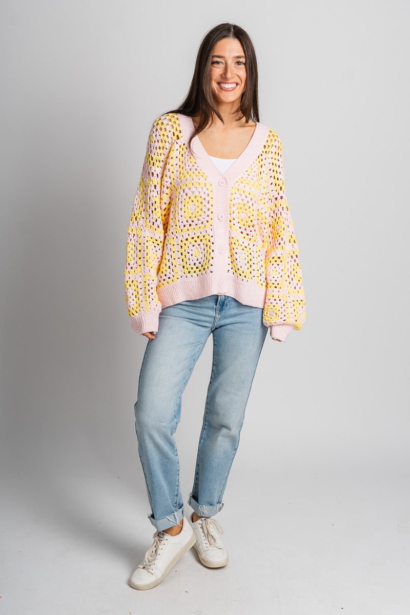 Crochet sweater cardigan pink/yellow - Trendy Sweater - Fashion Cardigans & Cute Kimonos at Lush Fashion Lounge Boutique in Oklahoma City