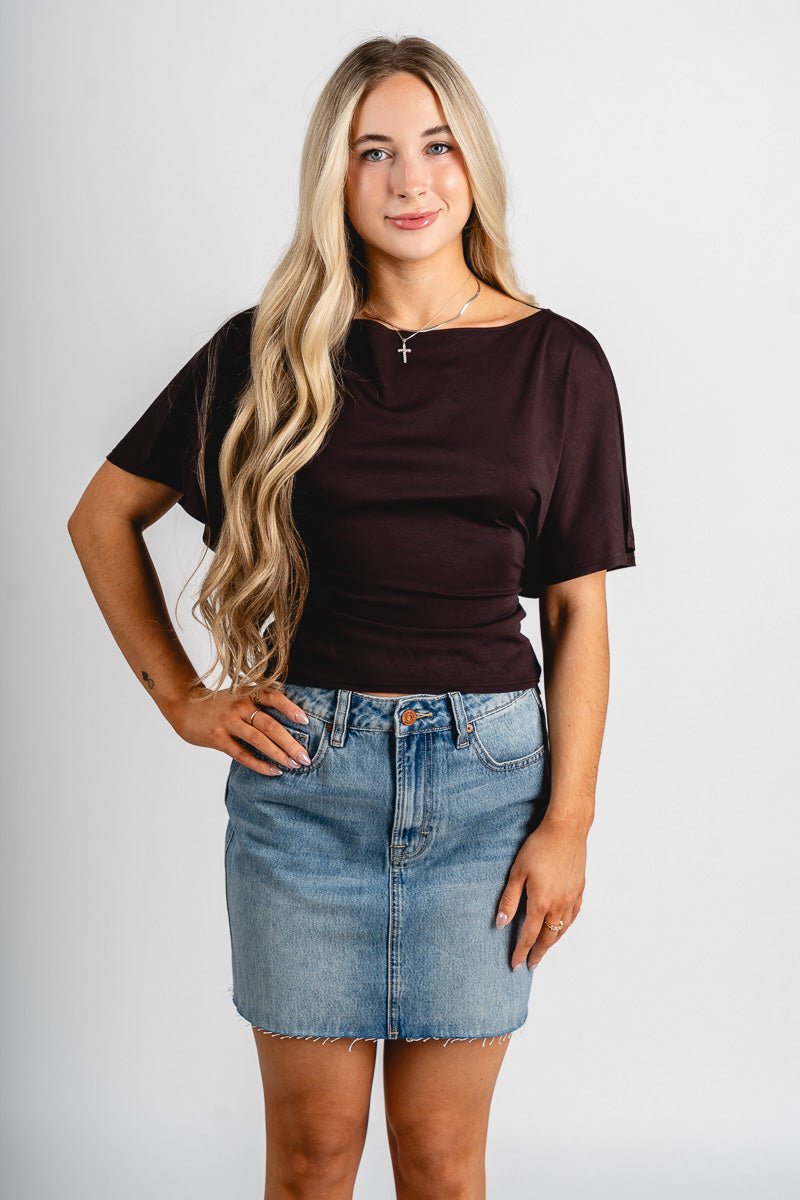 Short sleeve tie back top brown