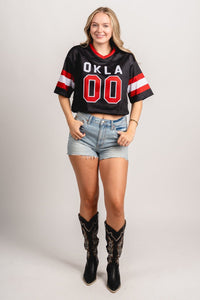 OU OU OKLA cropped football jersey top black top | Lush Fashion Lounge Trendy Oklahoma University Sooners Apparel & Cute Gameday T-Shirts