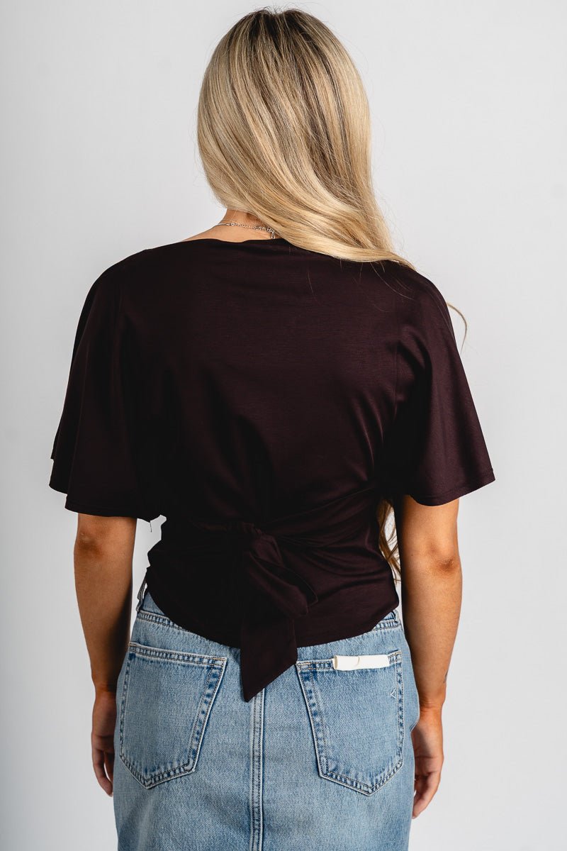 Short sleeve tie back top brown