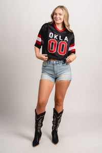 OU OU OKLA cropped football jersey top black top | Lush Fashion Lounge Trendy Oklahoma University Sooners Apparel & Cute Gameday T-Shirts