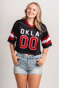 OU OU OKLA cropped football jersey top black top | Lush Fashion Lounge Trendy Oklahoma University Sooners Apparel & Cute Gameday T-Shirts