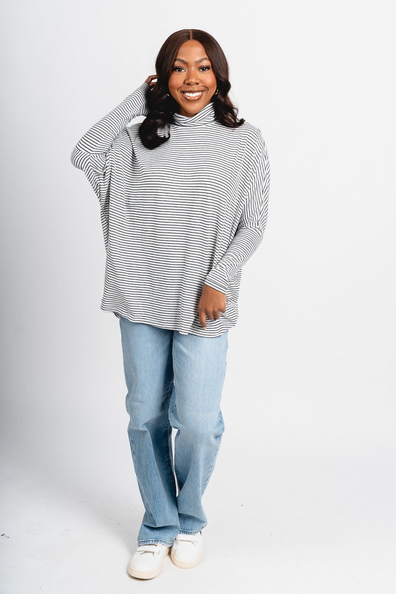 Oversized striped mock neck top cream/black