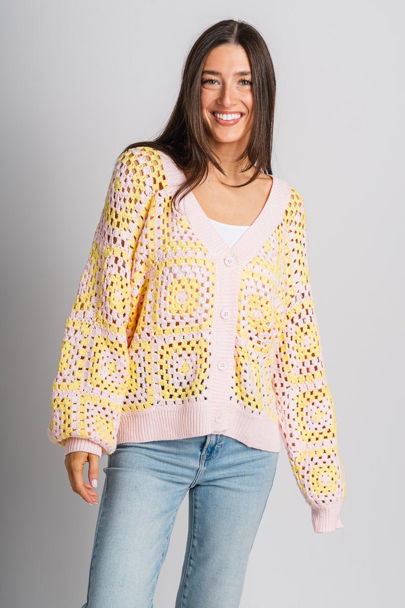 Crochet sweater cardigan pink/yellow - Cute Sweater - Trendy Cardigans & Stylish Kimonos at Lush Fashion Lounge Boutique in Oklahoma City