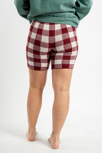 Plaid knit biker shorts merlot Stylish biker shorts - Womens Fashion Shorts at Lush Fashion Lounge Boutique in Oklahoma City