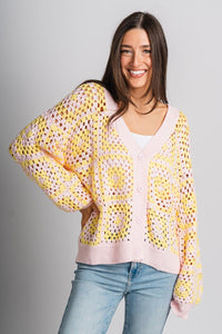 Crochet sweater cardigan pink/yellow - Affordable Sweater - Boutique Cardigans & Trendy Kimonos at Lush Fashion Lounge Boutique in Oklahoma City