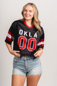 OU OU OKLA cropped football jersey top black top | Lush Fashion Lounge Trendy Oklahoma University Sooners Apparel & Cute Gameday T-Shirts