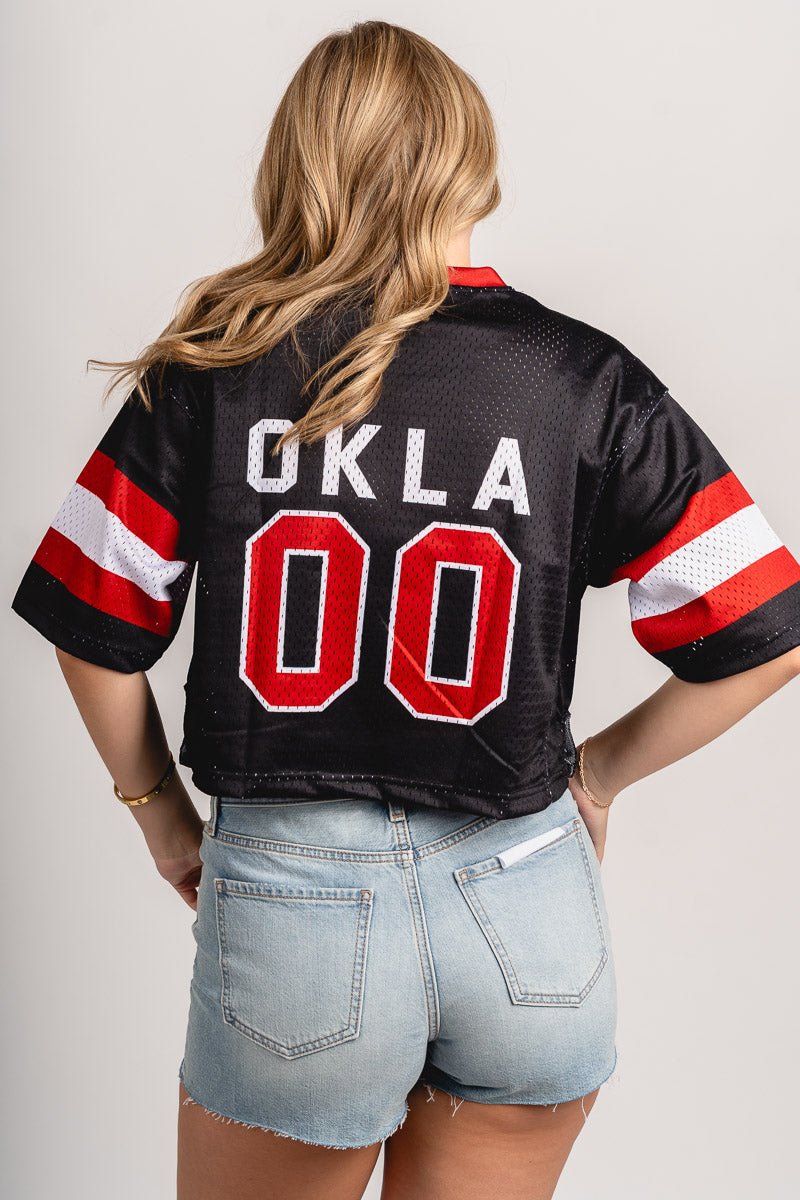 OU OU OKLA cropped football jersey top black top | Lush Fashion Lounge Trendy Oklahoma University Sooners Apparel & Cute Gameday T-Shirts