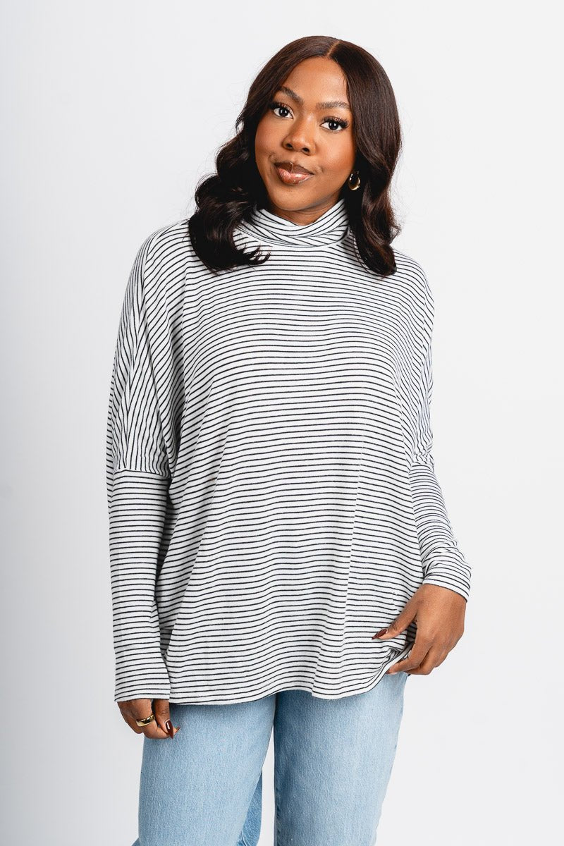 Oversized striped mock neck top cream/black