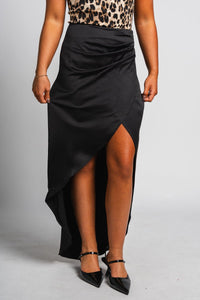 Asymmetrical midi skirt black | Lush Fashion Lounge: boutique fashion skirts, affordable boutique skirts, cute affordable skirts