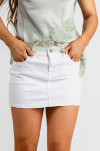 Low rise denim mini skirt white | Lush Fashion Lounge: boutique fashion skirts, affordable boutique skirts, cute affordable skirts