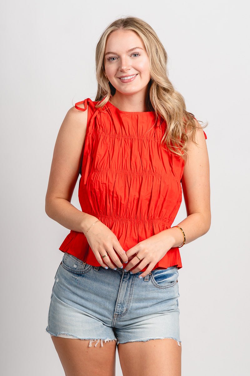 Smocked tie strap tank top red - Cute Tank Top - Trendy Tank Tops at Lush Fashion Lounge Boutique in Oklahoma City