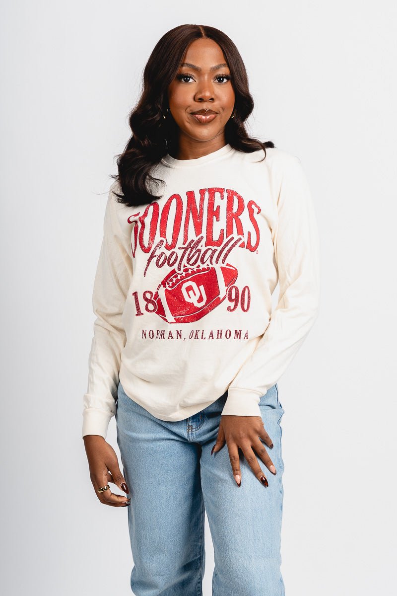 OU OU Sooners big football long sleeve t-shirt natural T-shirt | Lush Fashion Lounge Trendy Oklahoma University Sooners Apparel & Cute Gameday T-Shirts