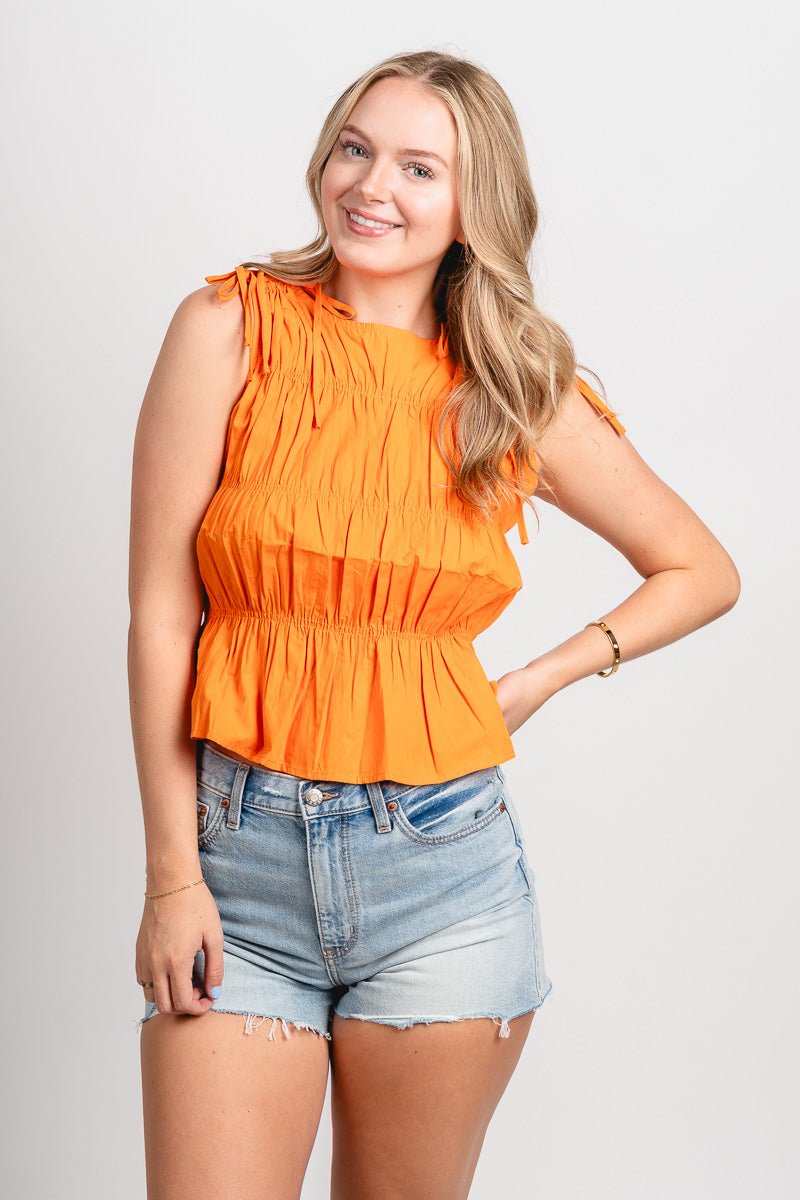 Smocked tie strap tank top orange - Affordable Tank Top - Boutique Tank Tops at Lush Fashion Lounge Boutique in Oklahoma City