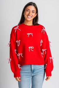 Bow embellished sweater red - Trendy T-Shirts for Valentine's Day at Lush Fashion Lounge Boutique in Oklahoma City