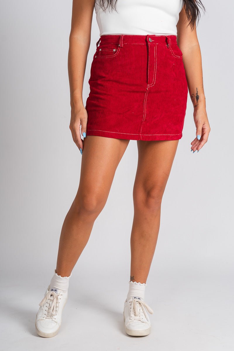 Bow stitch corduroy mini skirt red | Lush Fashion Lounge: boutique fashion skirts, affordable boutique skirts, cute affordable skirts