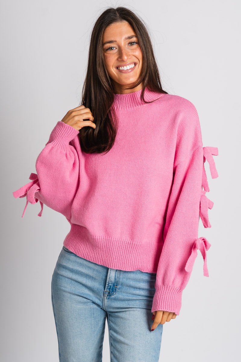 Aria bow sweater pink - Trendy T-Shirts for Valentine's Day at Lush Fashion Lounge Boutique in Oklahoma City