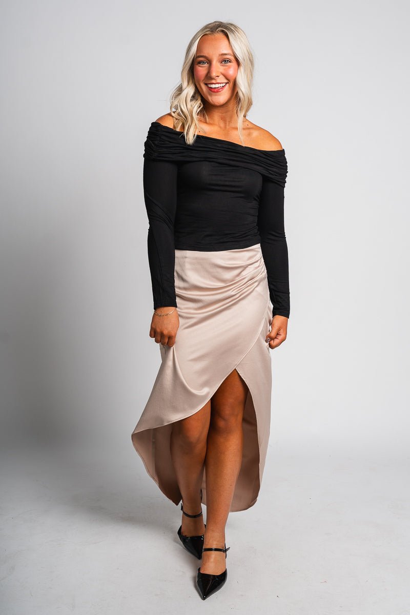 Asymmetrical midi skirt champagne | Lush Fashion Lounge: boutique fashion skirts, affordable boutique skirts, cute affordable skirts