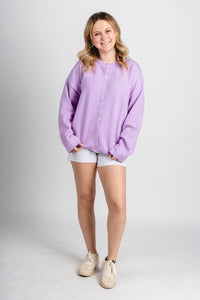 Button up sweater cardigan lavender - Cute Cardigan - Trendy Easter Clothing Line at Lush Fashion Lounge Boutique in Oklahoma