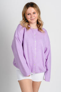Button up sweater cardigan lavender - Trendy Cardigan - Fun Easter Looks at Lush Fashion Lounge Boutique in Oklahoma